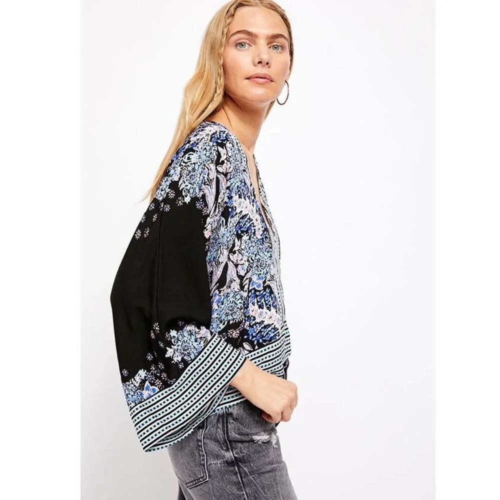 Free People Blue, Black, Purple Floral Stripe Mix N Match Blouse Top Size Medium - Picture 12 of 12